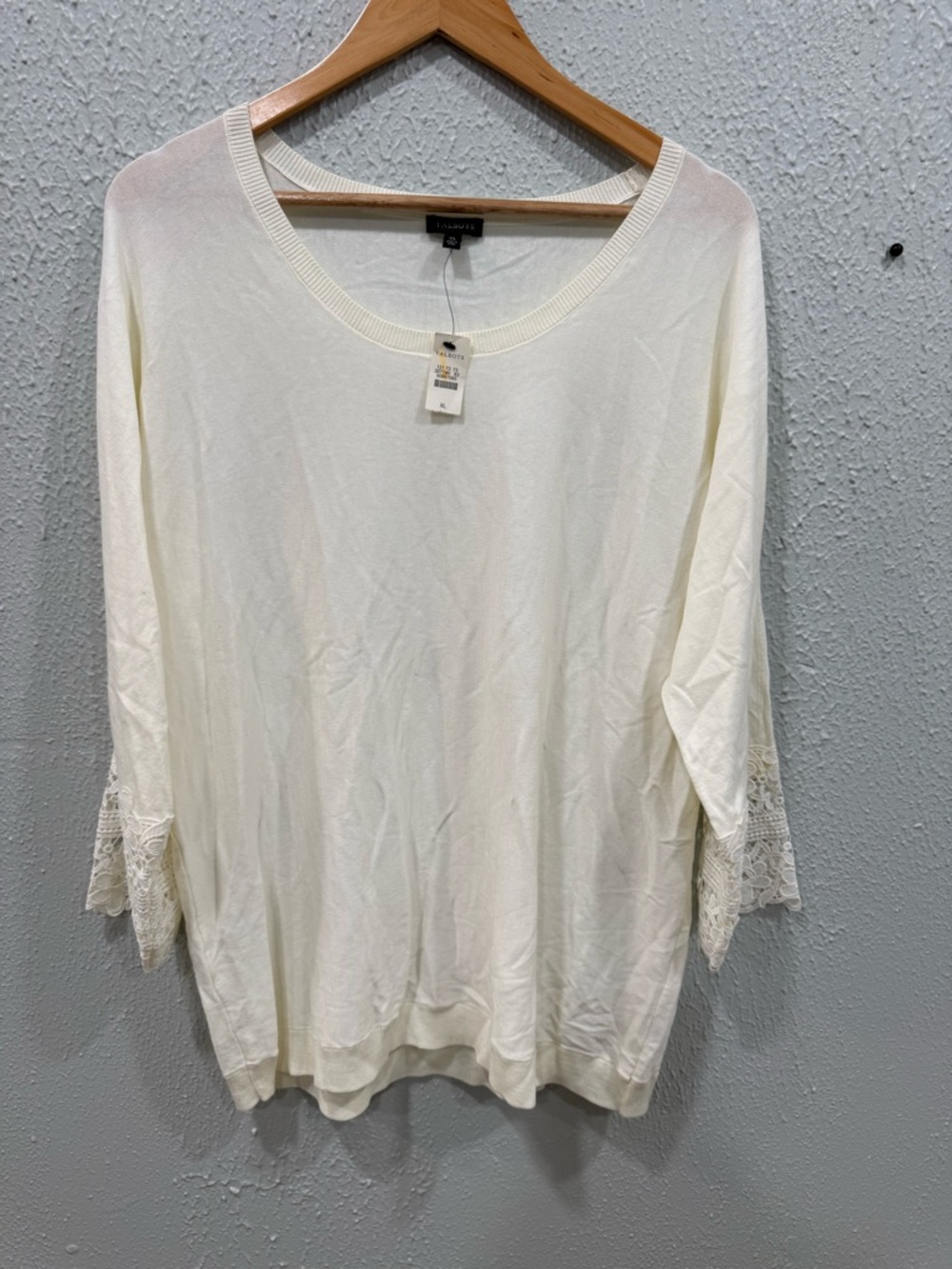 Talbots 3/4 Sleeve Lace Trim Blouse Womens Size XL Ivory Cotton Blend Cozy Knit